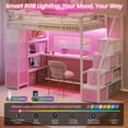 thumbnail image 1 of Loft Bed Twin Size with Desk and Storage Stairs&8 Storage Drawers, Metal Twin Loft Beds with LED Lights&Charging Stations&Safety Guardrail, Loft Bed Frame for Teens/Adults, White+Pink, 1 of 9