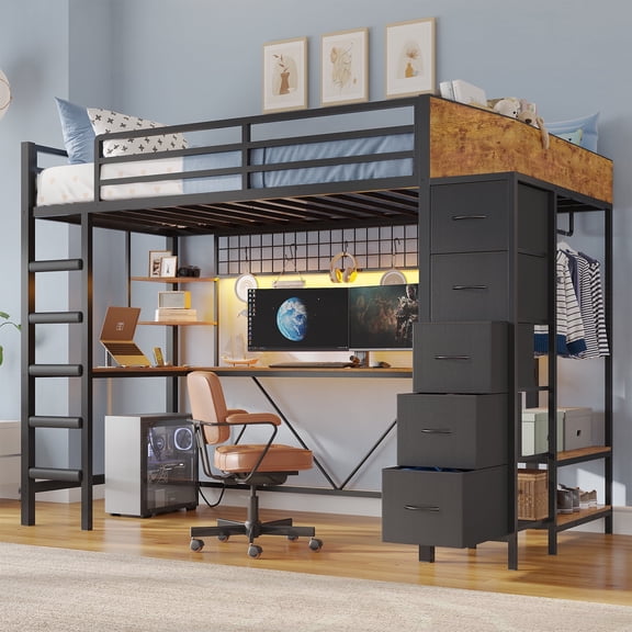 Loft Bed Twin Size with Hall Tree, Charging Station and LED Lights, Twin Loft Bed with L-Shaped Desk, 5 Storage Drawers, Heavy Duty Twin Size Bed with Stairs, No Box Spring Needed