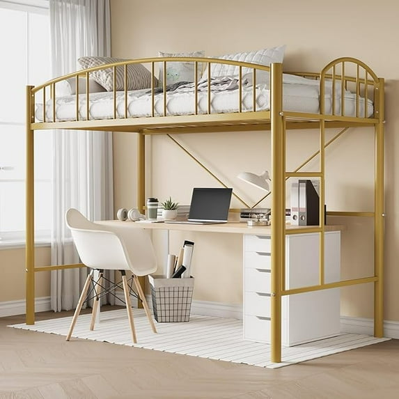 Loft Bed Twin Size, Heavy Duty Metal Loft Bed Frame with Arched Guardrail and Safety Ladder, Space-Saving, No Box Spring Needed, Gold