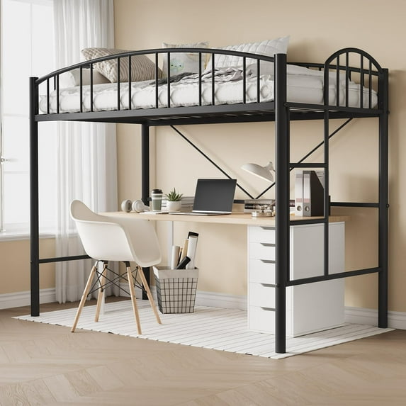 Loft Bed Twin Size, Heavy Duty Metal Loft Bed Frame with Arched Guardrail and Safety Ladder, Space-Saving, No Box Spring Needed, Matte Black