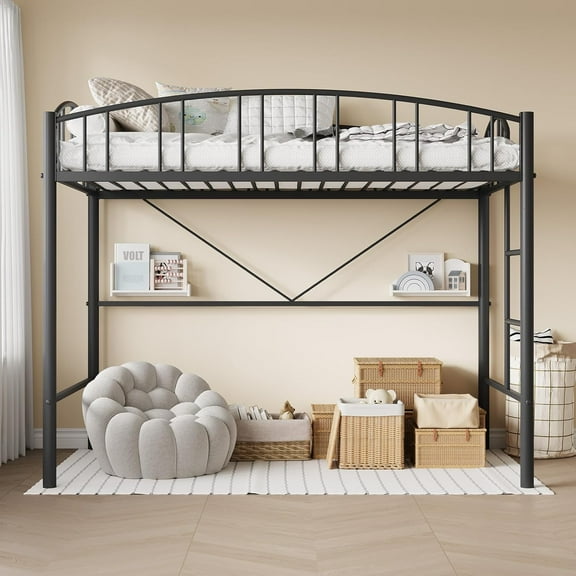 Loft Bed Twin Size, Heavy Duty Metal Loft Bed Frame with Arched Guardrail and Safety Ladder, Space-Saving, No Box Spring Needed
