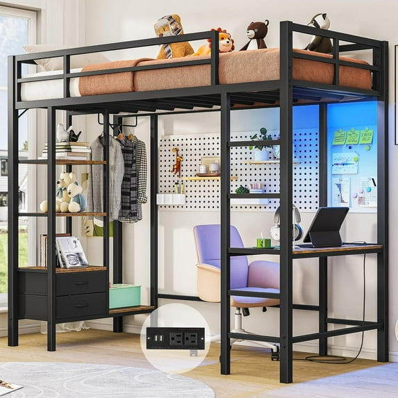 Loft Bed Twin Size Junior Metal Loft Bed with Desk&LED Lights&Charging Station&Ladder&Storage Shelves&Drawers, Safety Guard, No Box Spring Needed, Black