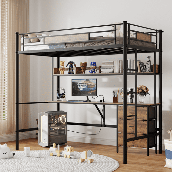 Loft Bed Twin Size with L-Shaped Desk, Charging Station, Twin Metal Loft Bed Frame with Fabric Drawers & Shelve, Safety Guardrail, No Box Spring Needed, Brown