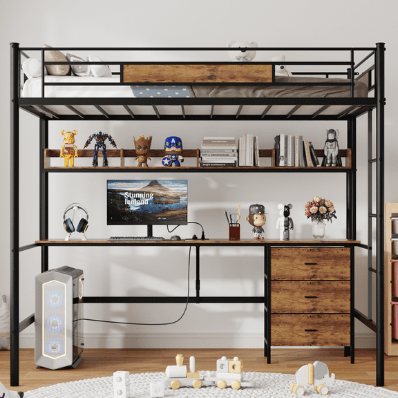 Loft Bed Twin Size with L-Shaped Desk, Charging Station, Twin Metal Loft Bed Frame with Fabric Drawers & Shelve, Safety Guardrail, No Box Spring Needed