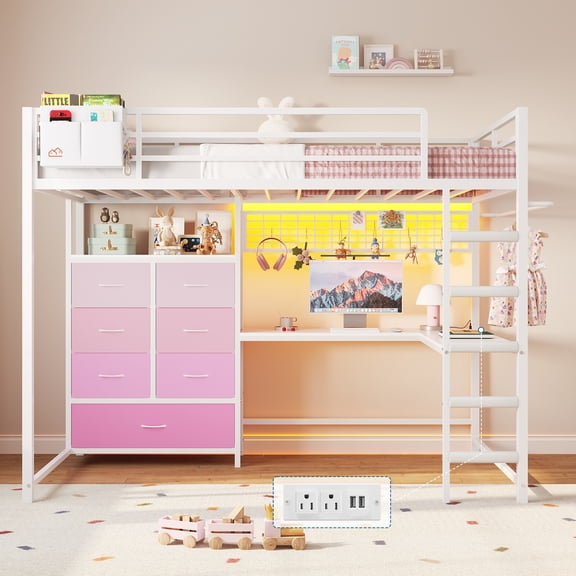 Loft Bed Twin Size with L-Shaped Desk & Charging Station Twin Metal Loft Bed with LED Lights & 7 Drawers & Clothes Rail for Bedroom, No Box Spring Needed, White+Pink