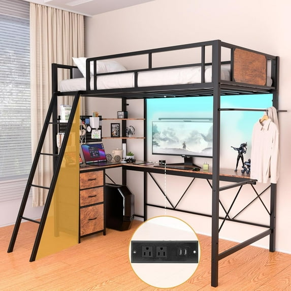 Loft Bed Twin Size with L-Shaped Desk, LED Lights, Charging Station, Metal Loft Bed Frame with Storage Shelves, Pegboards and 3 Drawers, High Safety Guard, Widened Ladder, No Box Spring Needed