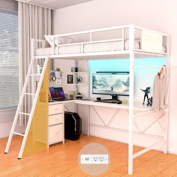 Loft Bed Twin Size with L-Shaped Desk, LED Lights, Charging Station, Metal Loft Bed Frame with Storage Shelves, Pegboards and 3 Drawers, High Safety Guard, Widened Ladder, No Box Spring Needed