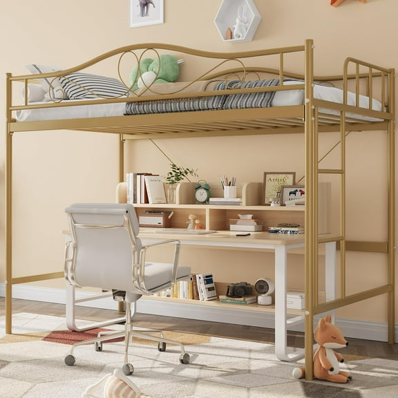 Loft Bed Twin Size with Removable Ladder & Full Safety Guardrail, Twin Loft Bed Heavy-Duty Metal Frame 400 Lbs Weight Capacity, Space Saving, No Box Spring Needed & Noise Free, Gold