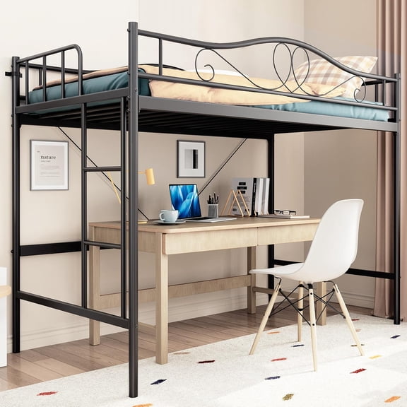 Loft Bed Twin Size with Removable Ladder & Full Safety Guardrail, Twin Loft Bed Heavy-Duty Metal Frame 400 Lbs Weight Capacity, Space Saving, No Box Spring Needed & Noise Free, Black