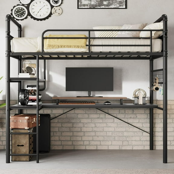 Loft Bed Twin Size with l-Shaped Desk, Metal Bunk Bed with 2 Open Shelves and Decorative Mesh, Twin Loft Bed with 13.4" h Safety Guard & Ladder,No Box Spring Needed,Black with Sturdy Steel Slats