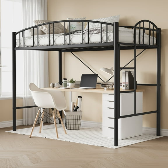 Loft Bed Twin Size with Ladder and Guardrail, Rustic Design, Metal Slats Support No Box Spring Needed Small Space Saving Furniture for Bedroom Dorm