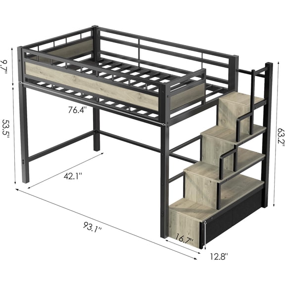 Loft Bed Twin Size with Sturdy Metal Frame and Built-in Storage Stairs for Teens Dorms