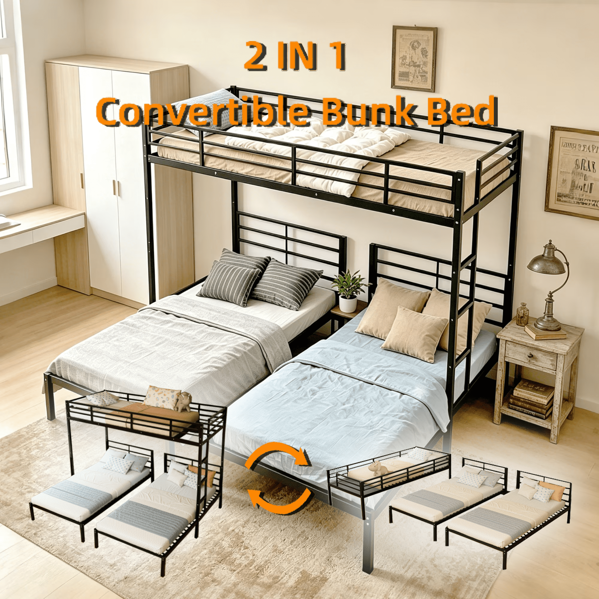 Metal Triple Bunk Bed, Twin Over Twin Over Twin Bunk Bed Frame with Guardrails and Ladder, Heavy Duty Separates Into 3 Individual Beds, Space-Saving Guest Ready Solution for Bedroom Dormitory, Black