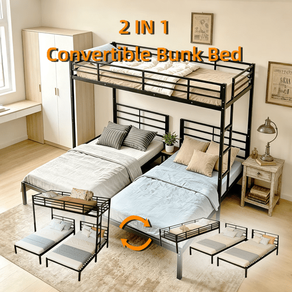 Metal Triple Bunk Bed, Twin Over Twin Over Twin Bunk Bed Frame with Guardrails and Ladder, Heavy Duty Separates Into 3 Individual Beds, Space-Saving Guest Ready Solution for Bedroom Dormitory, Black