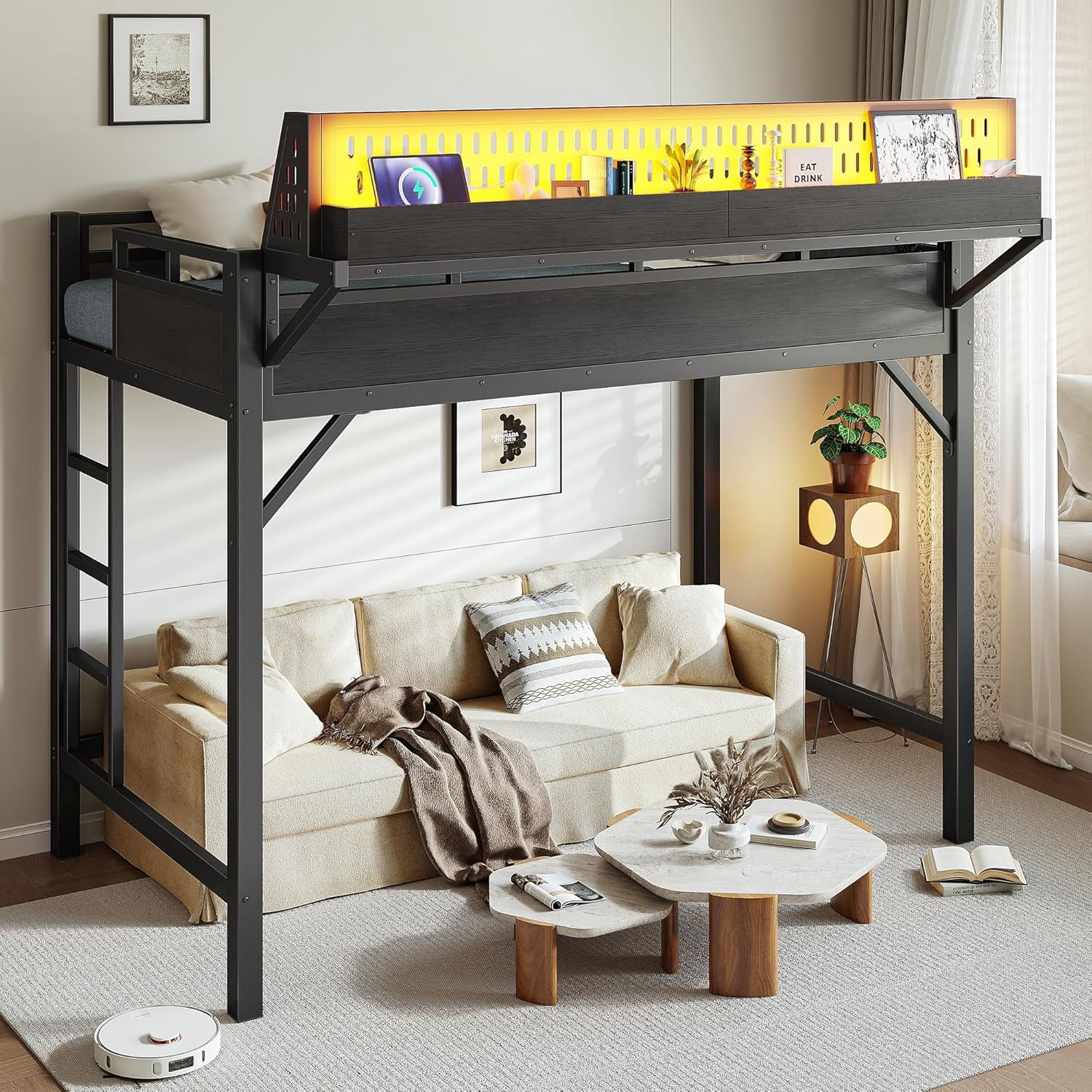 Loft Bed Twin XL Size, Heavy Duty Metal Loft Bed Frame with LED Lights, USB, Outlet, Storage Shelf, Ladder and Guardrail, No Box Spring Needed for Dorms, Apartments, Small Spaces, Black