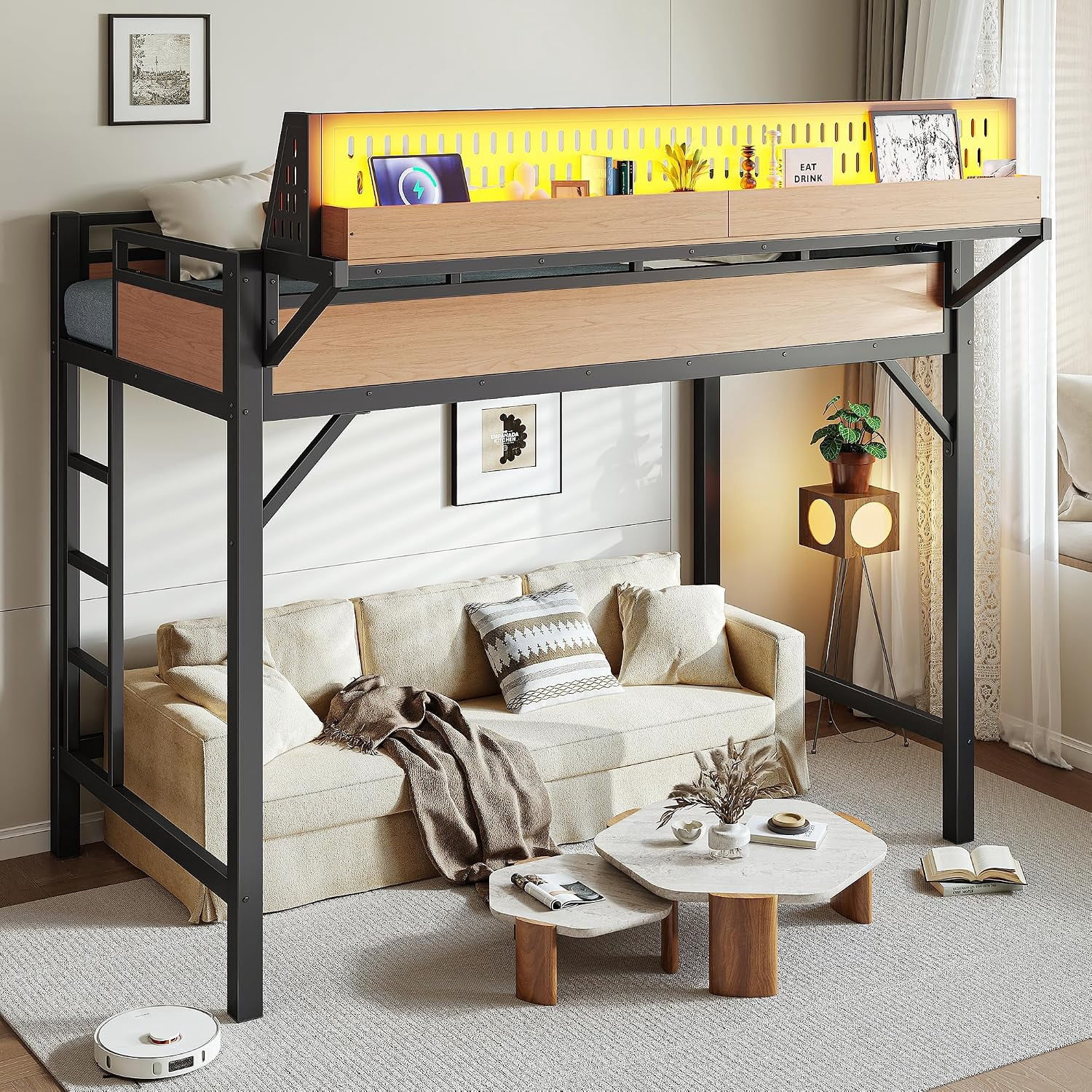 Loft Bed Twin XL Size, Heavy Duty Metal Loft Bed Frame with LED Lights, USB, Outlet, Storage Shelf, Ladder and Guardrail, No Box Spring Needed for Dorms, Apartments, Small Spaces, Natural