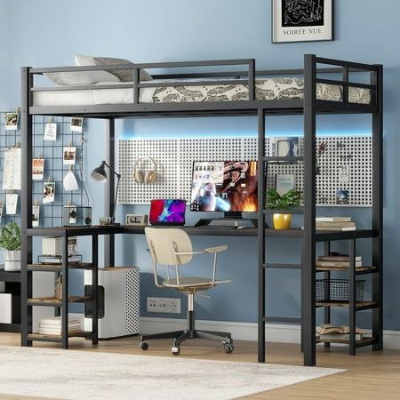 Firscook Timeless Modern Metal Loft Bed with Desk and Shelves, Twin-XL, Black