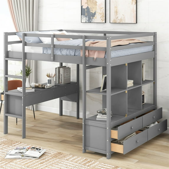 Loft Bed With Desk, 6 Drawers and Storage Shelves, Solid Wood Full Size Loft Bed Frame with Full-Length Guardrails and Ladder, Multifunctional Loft Bed, Space-Saving Design, No Box Spring Needed, Gray