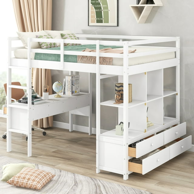 Loft Bed With Desk, 6 Drawers and Storage Shelves, Solid Wood Full Size Loft Bed Frame with Full-Length Guardrails and Ladder, Multifunctional Loft Bed, Space-Saving Design, No Box Spring Needed White