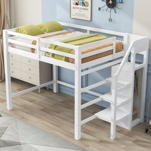 Loft Bed in White with Built-in Storage and Staircase (Full Size)
