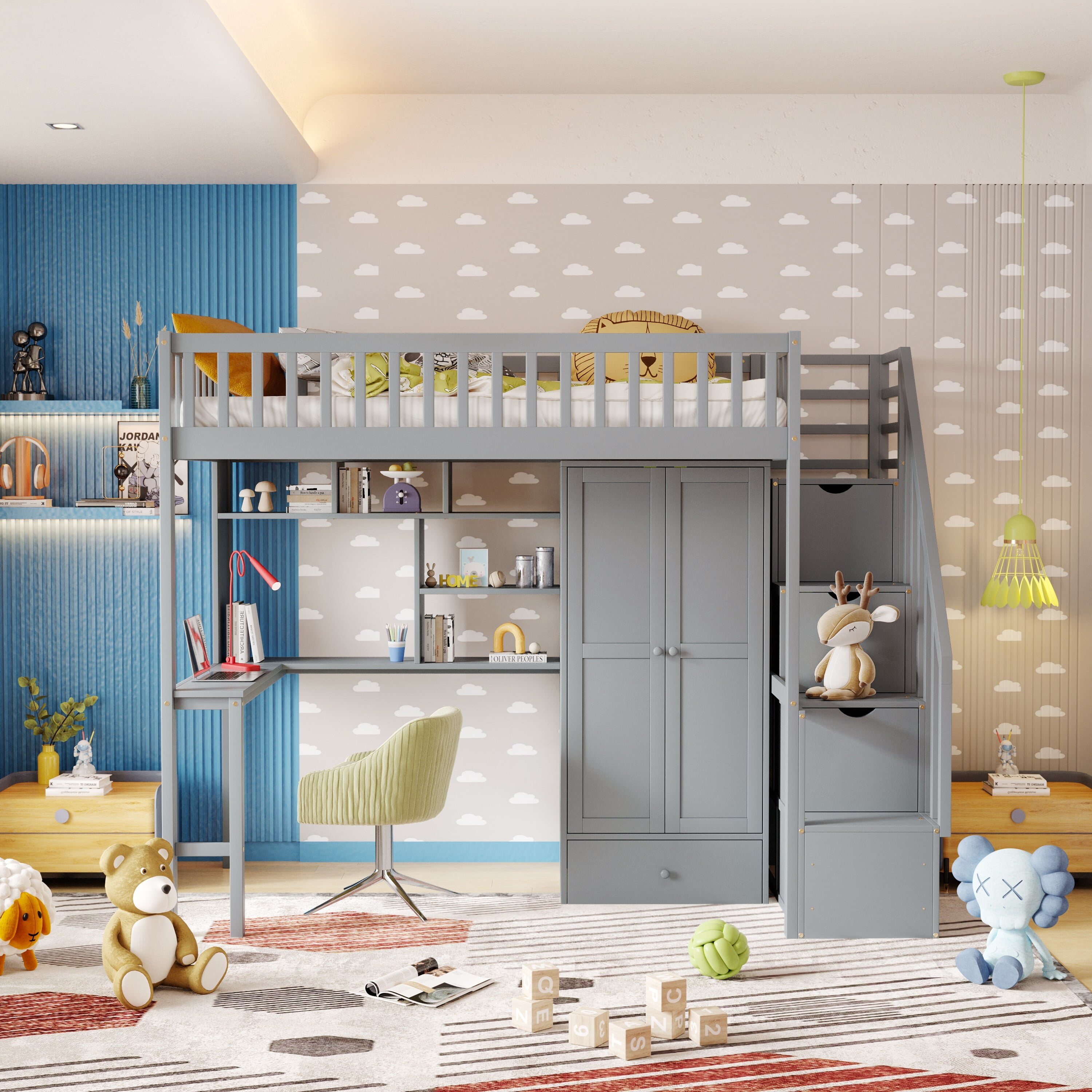 Loft Bed with Bookshelf,Drawers,Desk,and Wardrobe Grey Twin