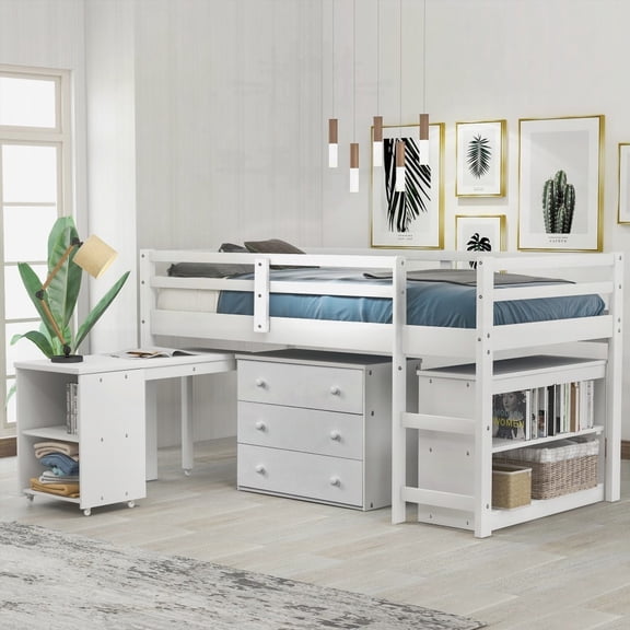 Maximized Space & Solid Construction Low Study Twin Loft Bed - White