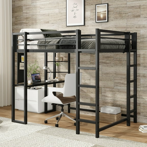 Loft Bed with Desk, Full Size Metal Loft Bed Frame, Space Saving Bed with Workstation and Storage, Study Loft Bed for Teens Bedroom Furniture, Black