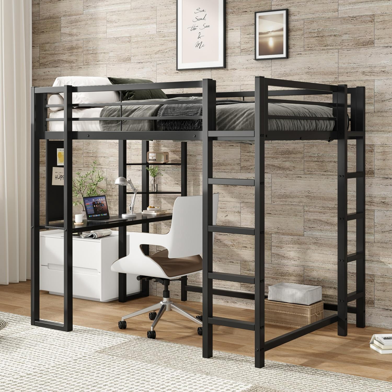 Loft Bed with Desk Full Size, Metal Loft Bed Frame with Storage Shelves and Bookshelf, Space Saving Loft Bed for Bedroom, Dorm, Home Office, Black