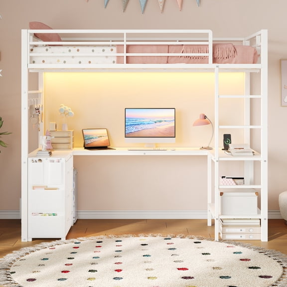 Loft Bed with Desk, Loft Bed Full Size with U-Shaped Desk, 6 Storage Drawers & 2 Shelves, Loft Bed Frame with Safety Guardrail & Ladders