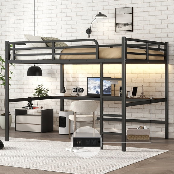 Loft Bed with Desk, Metal Loft Bed Queen Size with LED Lights & Charging Station, Noise-Free, Space-Saving, No Box Spring Needed-Black