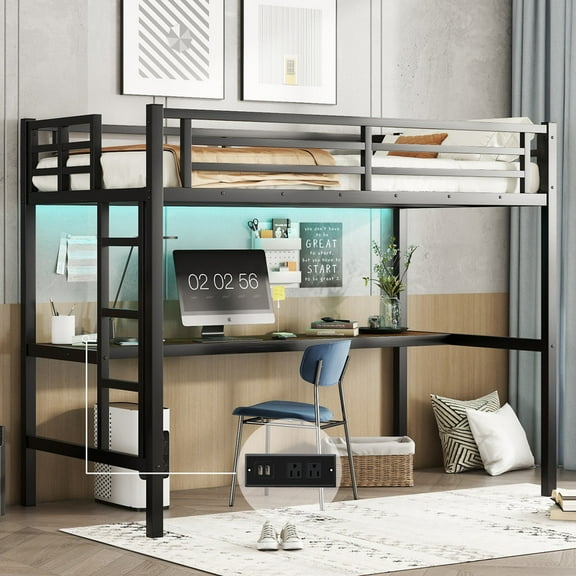 Loft Bed with Desk, Metal Loft Bed Twin XL with LED Lights & Charging Station, Noise-Free, Space-Saving, No Box Spring Needed-Black
