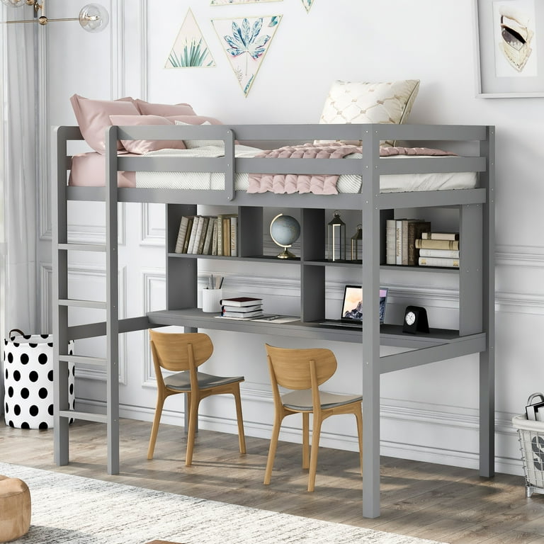 Loft Bed with Desk Twin Loft Bed with Shelves Bookcase Wood Kids
