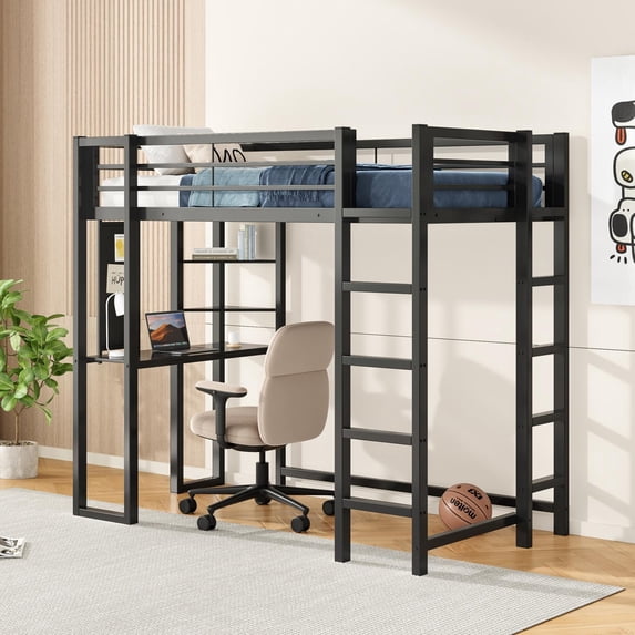 Loft Bed with Desk Twin Size, Metal Loft Bed Frame with Storage Shelves ...