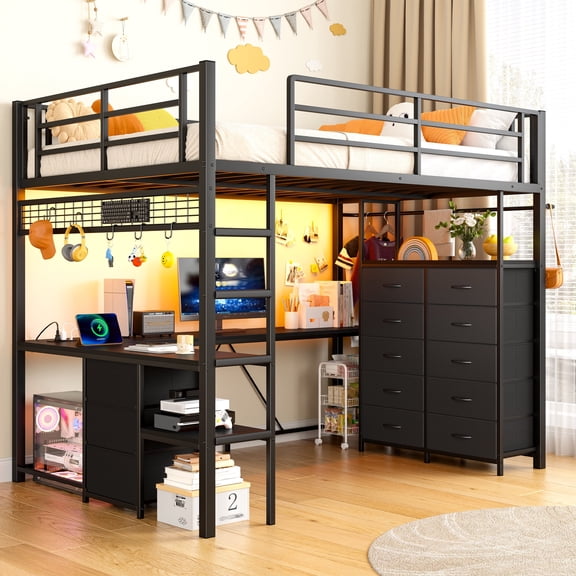 Loft Bed with L-Shaped Desk Loft Bed Full with 13 Storage Drawers & Charge Station & LED Lights & Clothes Rack & Extra Hooks,Black