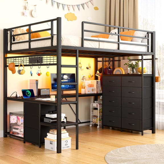 Loft Bed with L-Shaped Desk Loft Bed Full with 13 Storage Drawers & Charge Station & LED Lights & Clothes Rack & Extra Hooks,Black