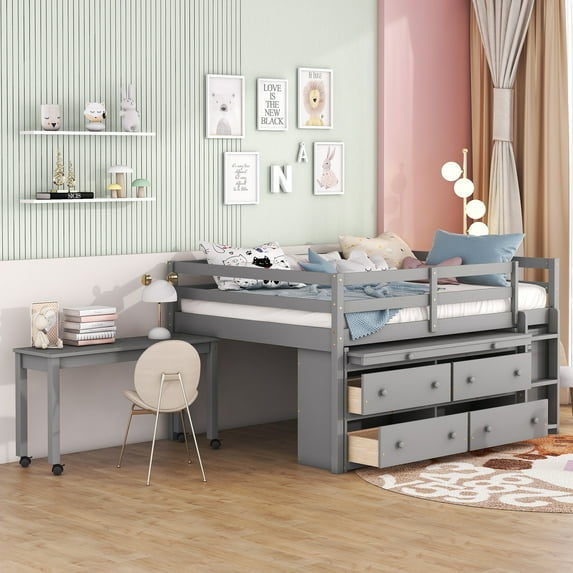 Loft Bed with Retractable Writing Desk and 4 Drawers, Wooden Loft Bed with Lateral Portable Desk and Shelves, Gray