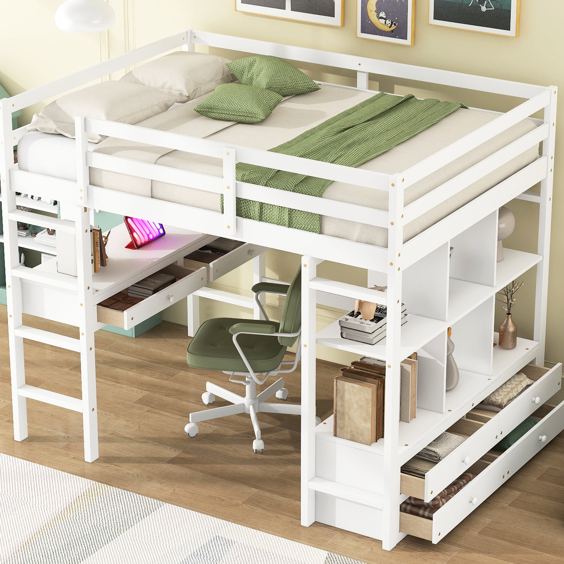 Curated visual reference: Picture Idea: Loft Bed With Shelves And Desk Full Size White Finish