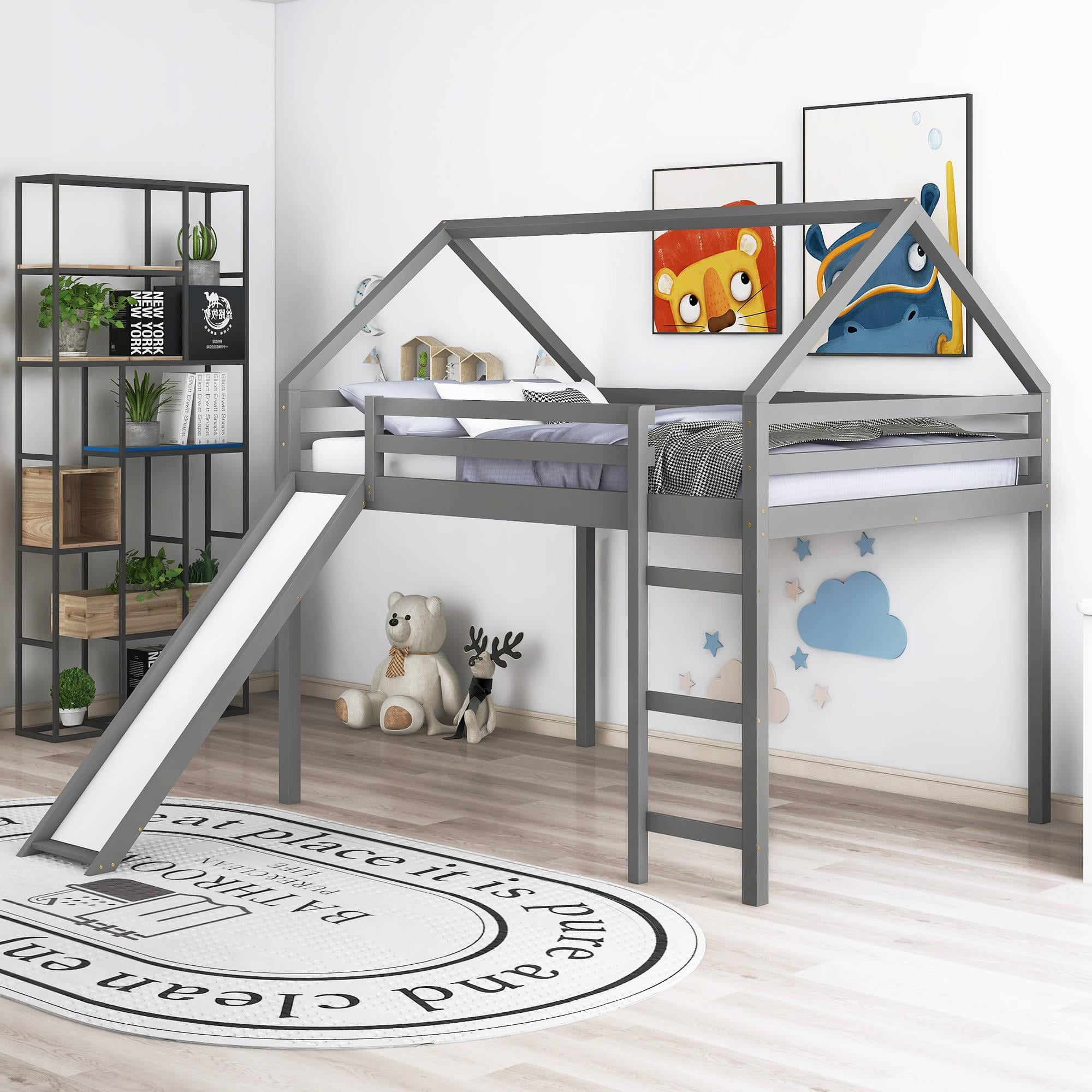 Loft Bed with Slide Full Size Wood House Bed with 34.6