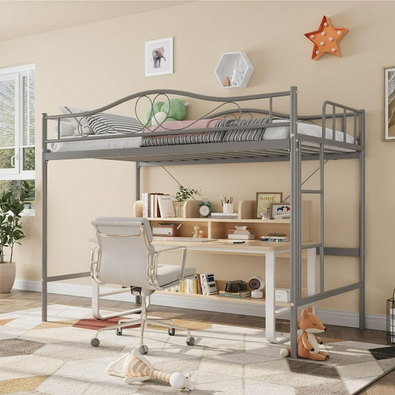 Loft Bed with Stairs Metal Single Loft Bunk Bed with Safety Guard Rails & Side Ladder, Space-Saving, Noise Free, No Box Spring Needed, Easy Assembly