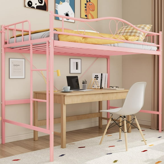 Loft Bed with Stairs Metal Single Loft Bunk Bed with Safety Guard Rails & Side Ladder, Space-Saving, Noise Free, No Box Spring Needed, Easy Assembly
