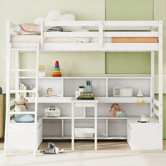 Loft Bed with Storage Shelves, Drawers & Desk for White - Modern & Timeless Design