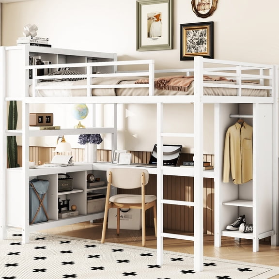 Loft Bed with Wardrobe and Storage Squares | Functional for Everyday Use | Sturdy Metal Frame