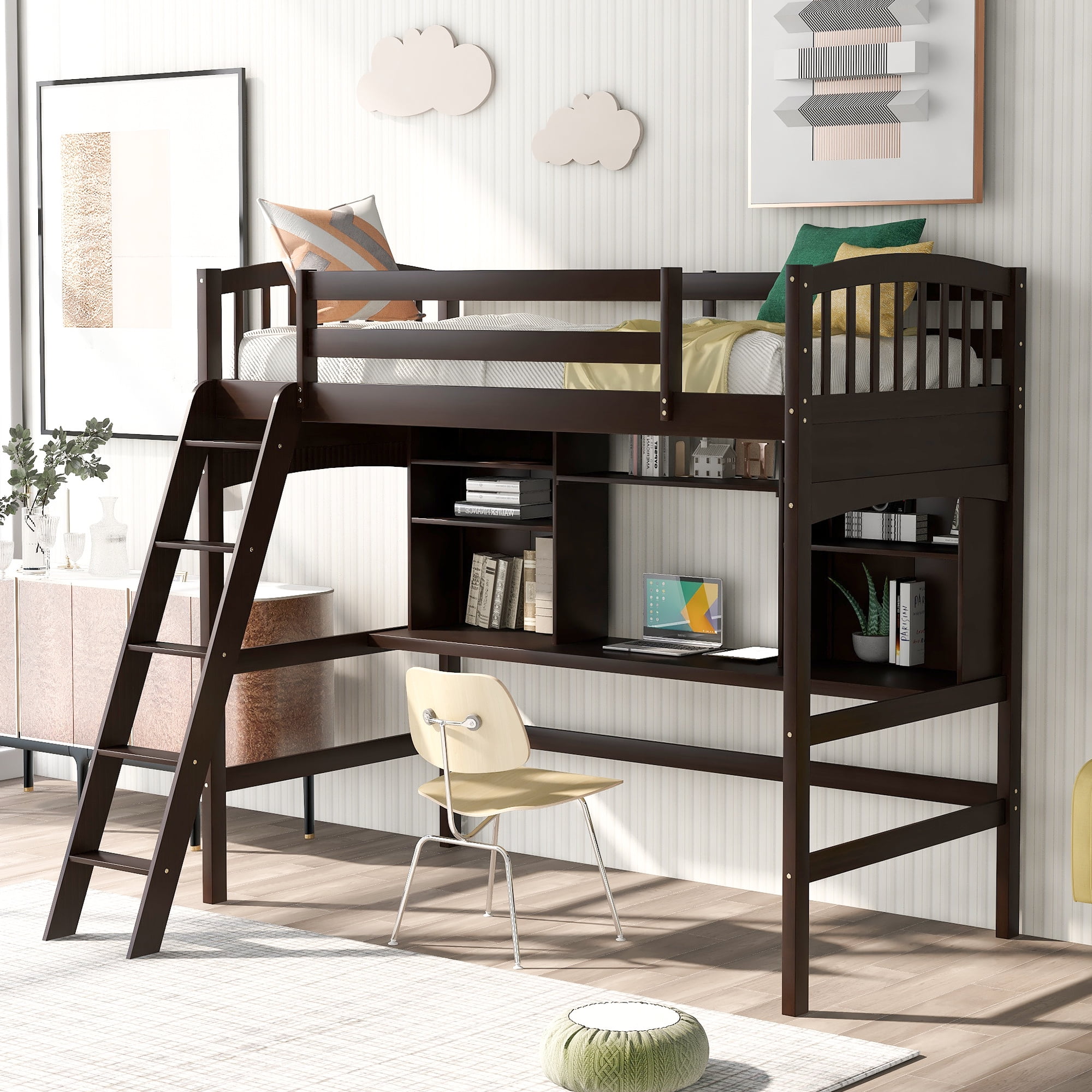 Wood Loft Bed w/ Desk Storage Cabinet Bookshelf Bedroom Sets Twin Size Bed  Frame