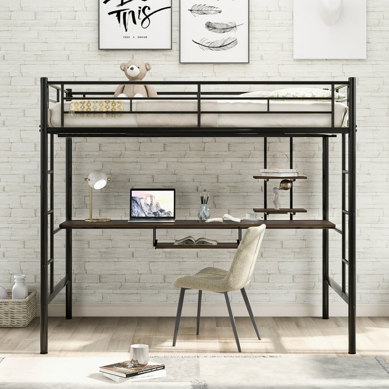 Loft Full Bed with Keyboard Tray Single Bunk Bed with 2 Shelves