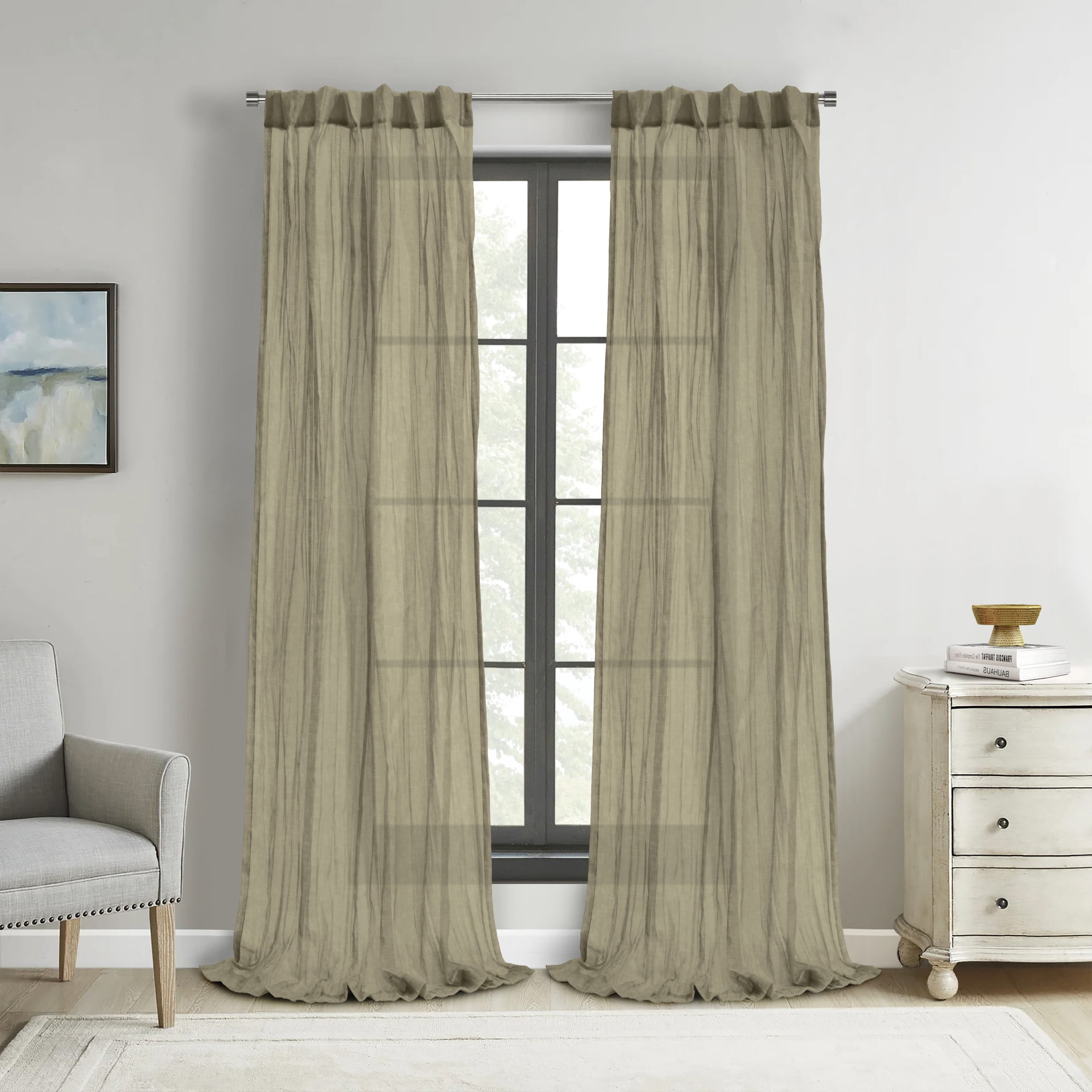 Loft Living Peoria Sheer Dual Header Indoor Curtain 52 x 95 in Khaki