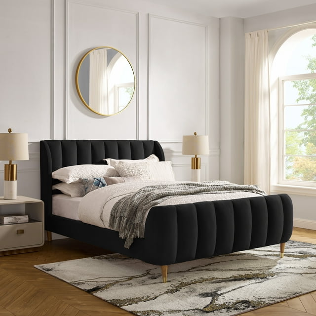 Loft Lyfe Devonte Upholstered Contemporary King Velvet Channel Tuffed Wingback Platform Bed, Black