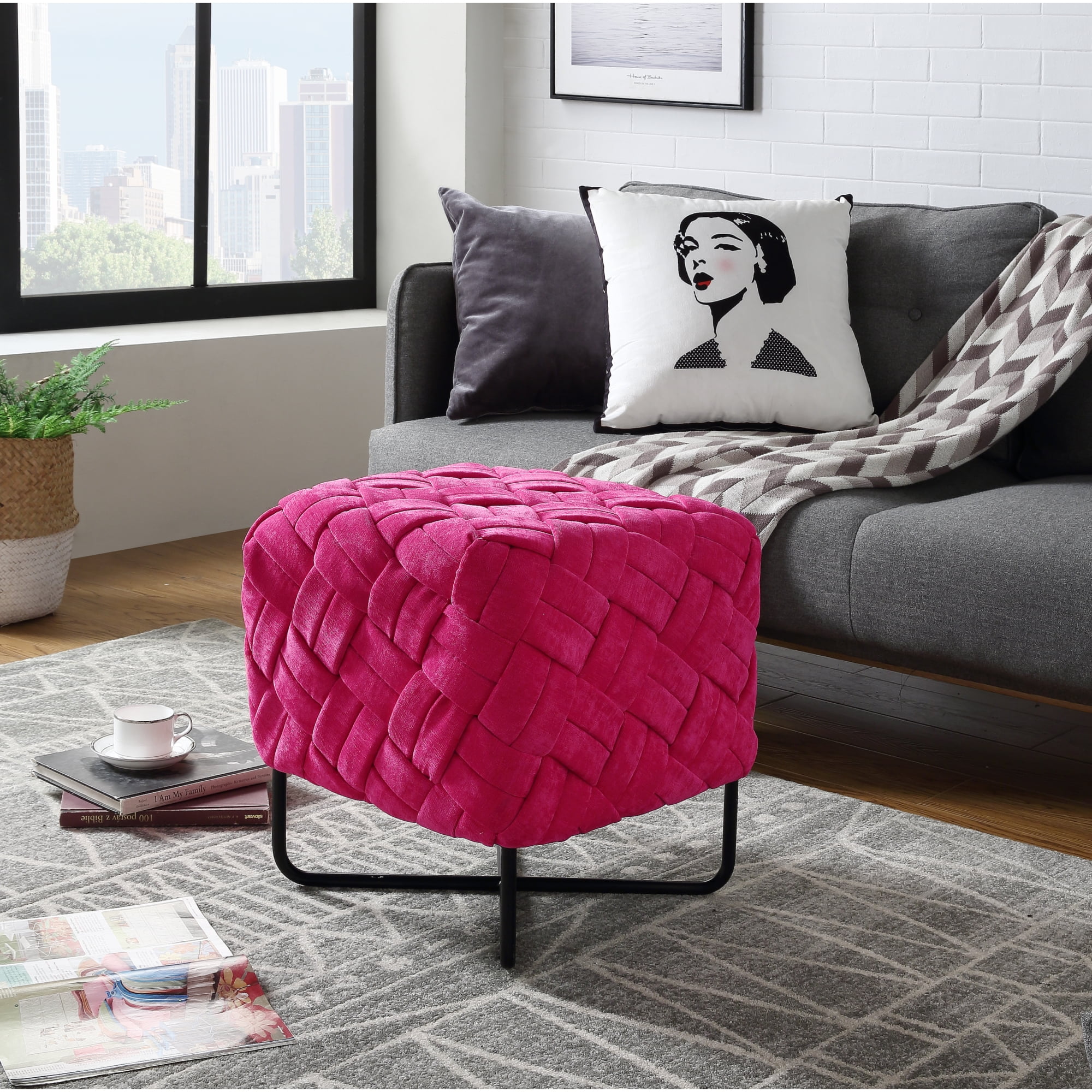 Loft Lyfe Dominick Velvet Upholstered Hand Woven Ottoman Fuchsia