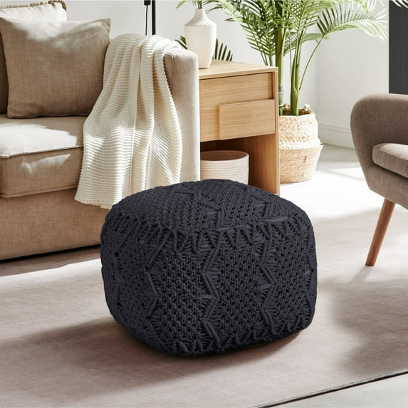 Loft Lyfe Goldie Cotton Yarn Ottoman, Hand Knitted, Black