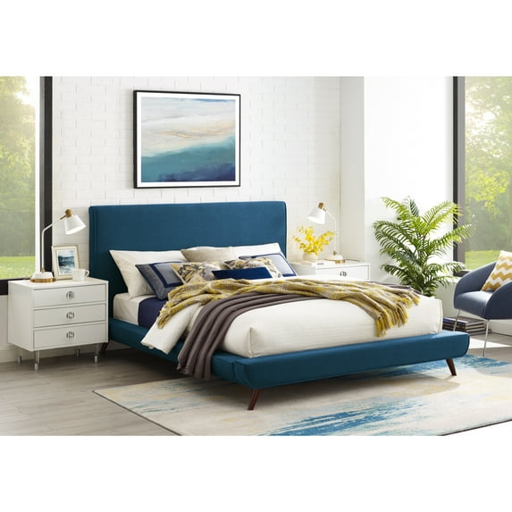 Loft Lyfe Jessie Platform Bed Linen Upholstery Queen Size, Denim