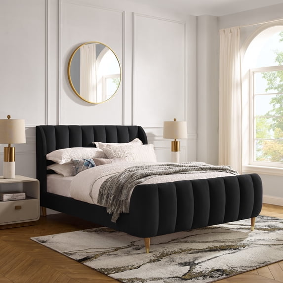 Loft Lyfe Upholstered King Velvet Channel Tuffed Wingback Bed, Black